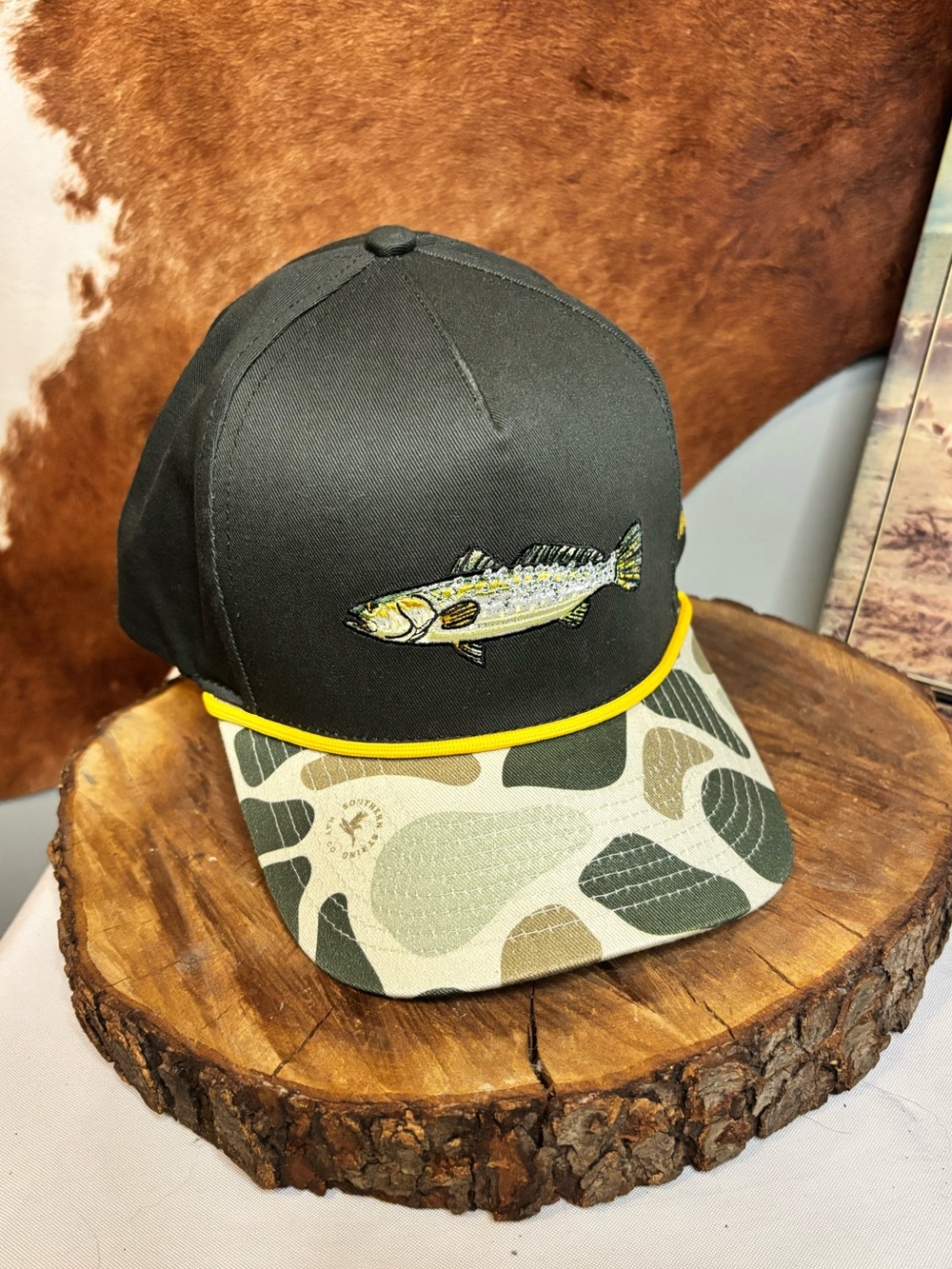 Southern String Hat Co Fish Snapback Hat | Black Camo Rope Cap | SS Hat